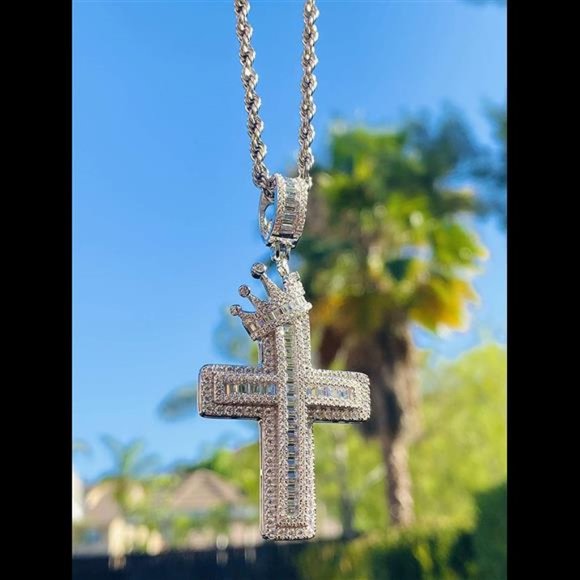 Baguette King Cross 925 Italy White Gold Finish2mm Rope Necklace 16"- 24"